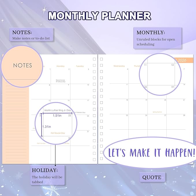 CAGIE 2026 Planner Weekly and Monthly from Dec 2025 to Dec 2026 Hardcover Spiral Bound Calendar Yearly Agenda Planners for Women with Stickers, 8.3 x 9.1, Purple Marble