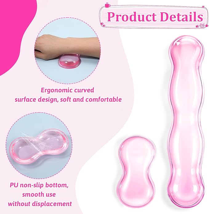 Ergonomic Gel Wrist Rest Set Anti Slip Silicone Keyboard and Mouse Pad Clear Pink Keyboard Support for Office Typing or Gaming, Relieve Wrist Pain