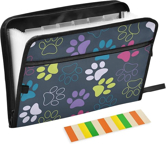 Expanding File Folder -13 Pocket Accordion File Folders with Sticky Labels, A4 Letter Size Paper Document Organizer with Zipper Closure for Office School Boys Girls,Colorful Dog Paw