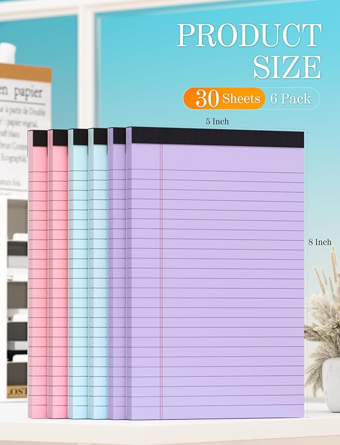 6 Pack Small Note Pads 5x8, Color Legal Pads 5x8 In, College Ruled Notepad Paper Pad with Sturdy Back, Perforated 5 x 8 Notepads Small Writing Pad Narrow Ruled Pads of Paper Notebook, Multicolor