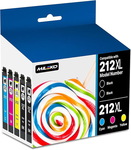 MILEKO 212XL Remanufactured Ink Cartridges Replacement for Epson 212 XL T212 Work for Epson Workforce WF-2850 WF-2830 Expression Home XP-4100 XP-4105 Printer (2 Black, Cyan, Yellow, Magenta, 5-Pack)