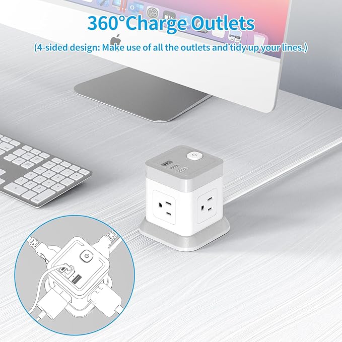 Power Strip with USB C, FDTEK Desktop Power Cube Strip, 10 FT Extension Cord with 4 Outlets and 3 USB, Compact Power Strips Tower for Travel Home Office Cruise Ship - White
