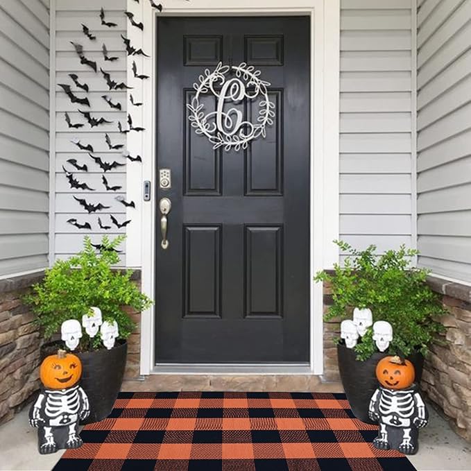 Fall Décor Orange and Black Plaid Rug, 2'4" x 3'7" Fall Outdoor Front Door Decorative Mat, Hand-Woven Rug for Layered Door Mats Washable Carpet for Porch, Entryway, Farmhouse, Autumn, Halloween