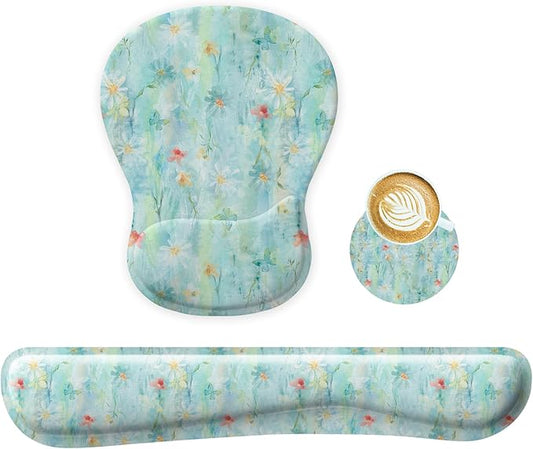 Wrist Rest Support for Mouse Pad Keyboard Set Circle Coaster Gaming Mouse Pad Ergonomic Gel Memory Foam Set for Computer, Laptop, Office, Pain Relief, Comfortably Typing Green KM-36