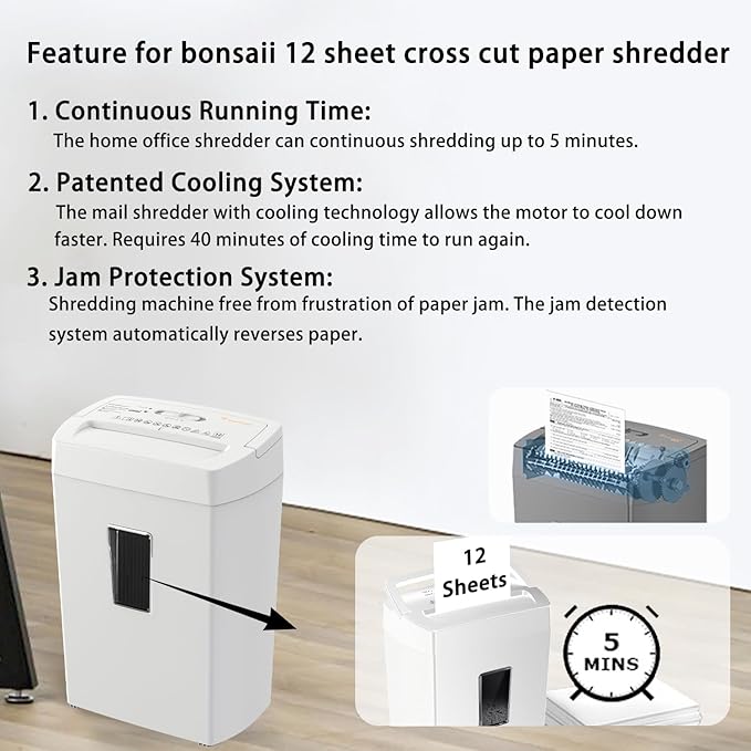 Bonsaii 12-Sheet Cross Cut Shredder, P-4 High Security Shredding, 5.5 Gal, Heavy Duty for Home Office, Shreds Paper, Credit Card, Mail, Staples, with Transparent Window, White