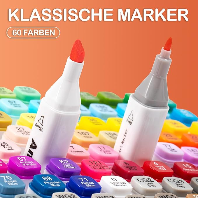 AnyMark Alcohol Markers, 60 Colors Dual Tip Art Coloring Markers Set for Kids Adult Book Drawing Sketching Painting, Chisel & Fine, White Penholder