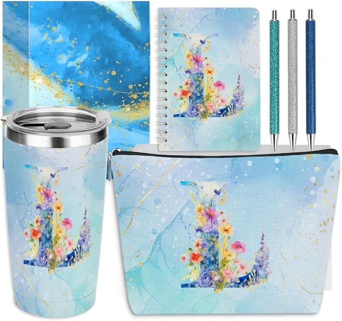 Personalized Gifts Monogrammed Birthday Gifts for Women, Mama New Mom Thanksgiving Wedding Christmas Initial 20 oz Tumbler, Makeup Bag Cup Pens Journal Notebook 6 Set, (Aesthetic Blue Flower L)