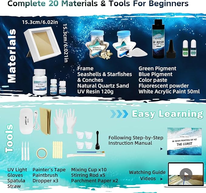 iLAND Crafts For Adults Women Teen Girls Ocean Beach UV Resin Kit for beginners Arts and Crafts for adults Resin Art Project DIY Sea Crafting Making Set Unique Artist Woman Gifts on Christmas Romantic