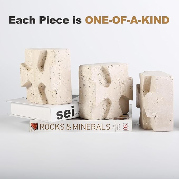 Natural Marble Square Book Ends, Heavy Duty Bookends for Shelves, Non-Skid Stone Book Holders, Unique Modern Aesthetic Office Bookshelf Decor for Books/CDs(Travertino Turkey)
