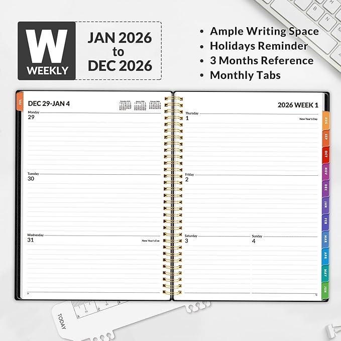 SUNEE 2026 Weekly and Monthly Planner - from January 2026 - December 2026, 8.5"x11" Daily Agenda Planner with Monthly Tab, Flexible Cover, Note Pages, Pockets, Bookmark, Spiral Binding, Black