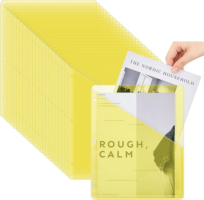 Seajan 48 Pcs Pocket Folders for 3 Ring Binder Clear Plastic Folders Sleeves with 2 Pockets 3 Hole Punch Binder Dividers Poly Slash File Jackets for Office School Document Organizer (Yellow)