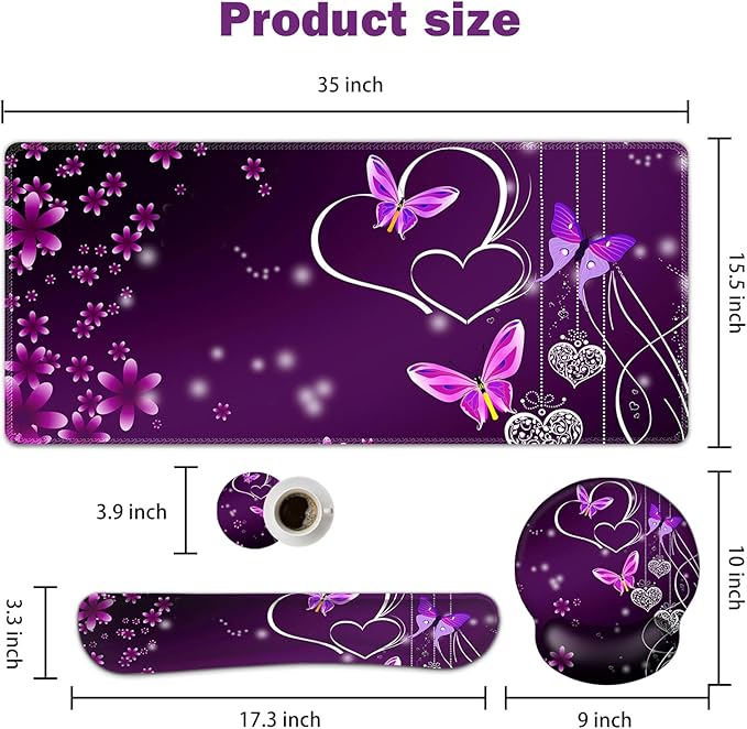 ARTSO Desk Mat, Large Gaming Mouse Pad Wrist Support Set, Ergonomic Keyboard Wrist Rest Desk Pad with Coaster Combo, Extended Mousepad with Non-Slip for Home Office, Purple Heart Butterfly