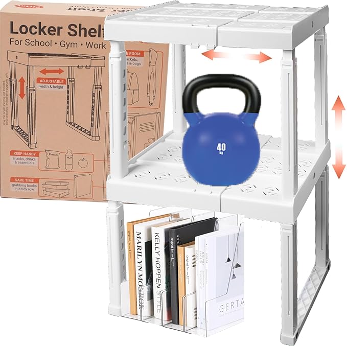 Locker Organizer Shelf， Adjustable Width and Height, Stackable, Ideal Locker Shelf for School, Office, Gym Lockers, or Even Kitchen Cabinets & Under Sink Organization(White 2 Pack)