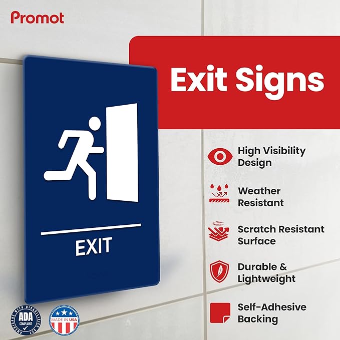 Promot Exit Sign – ADA Braille Exit Sign for Business, Self-Adhesive, 9" x 6", Commercial Door Signage, Office Wall Decor - Blue