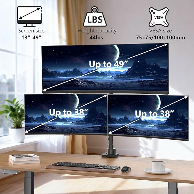 WALI Triple Monitor Mount - Extra Tall 3 Monitor Desk Mount for 13 to 49" Ultrawide Screens, Up to 44 lbs, Fully Adjustable Heavy Duty Gas Springs, VESA 75/100 mm (GSDM003-P), Black