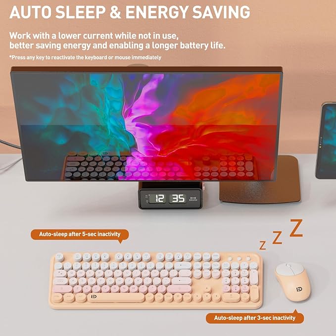 Wireless Keyboard and Mouse Combo, 105 Round Keys Full-Size Cute Colorful Pink Cordless Keyboard and Mouse with Retro Typewriter for PC/Mac/Laptop/Tablet/Computer/Windows Pink