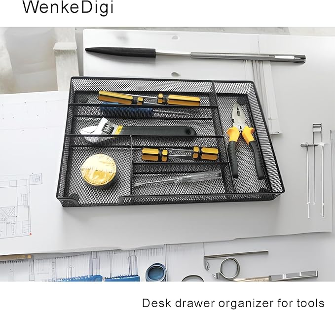 2-Pack Desk Drawer Organizers, 6-Compartment Metal Mesh Trays for Pens, Paper Clips, Office Supplies, Ventilated Storage Inserts for Home, Office, School, 12.6 x 8.27 x 1.57 Inches, Black