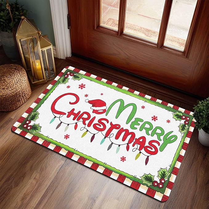 Christmas Door Mat Outdoor, Merry Christmas Plaid Hat Light Snowflakes Welcome Mats for Front Door Holiday Doormat Indoor Entryway Floor Rug for Entrance Outside Home, 16" x 24" Inch