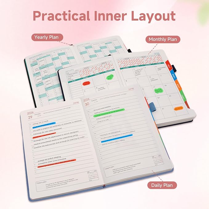 Picoway 2026 Planner A5 400 Pages Pink - Weekly and Monthly Daily Calendar with Thick Paper, One Full Page Per Day Planners from Jan. 2026 - Dec. 2026, Hardcover Notebook ，8.3" x 5.7"