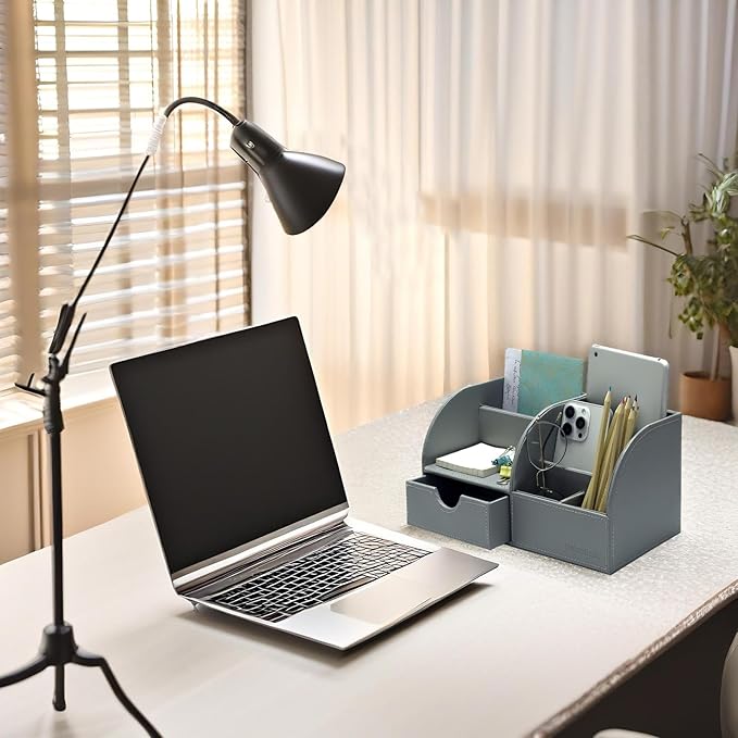 UnionBasic Desk Organizer - Multifunctional Leather Desktop Pen Holder Storage Box - Business Card/Pen/Pencil/Mobile Phone/Stationery Holder, Grey