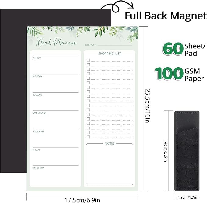Meal Planner for fridge with Pen Holder, 60 Sheets 7x10'' Magnetic Meal Planner and Grocery List Undated Weekly Meal Planner with Tear off Shopping List for Meal Planning and Shopping, Green Leaf