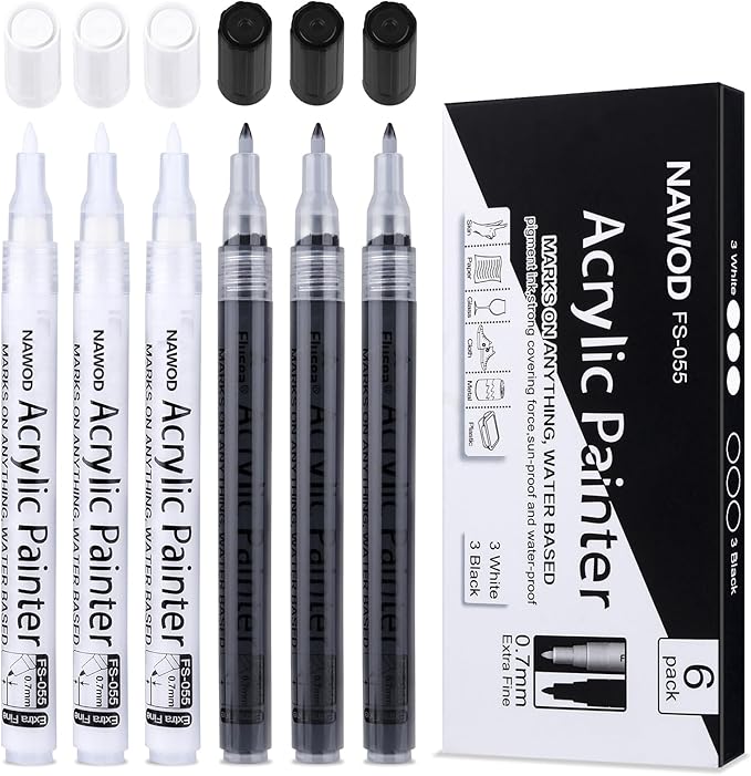 NAWOD Paint Pens White Black Acrylic Marker 6 Pack, Acrylic Permanent Marker, White Paint Pens for Rock Ceramic Wooden Leather Glass Painting Metal Tire, 0.7mm Extra Fine Point Quick Drying
