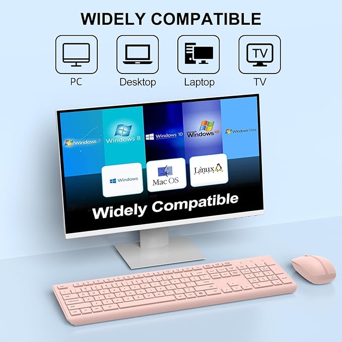 Wireless Keyboard and Mouse Combo, Full Size Silent Ergonomic Keyboard and Mouse, Long Battery Life, Optical Mouse, 2.4G Lag-Free Cordless Mice Keyboard for Computer, Mac, Laptop, PC, Windows(Pink)