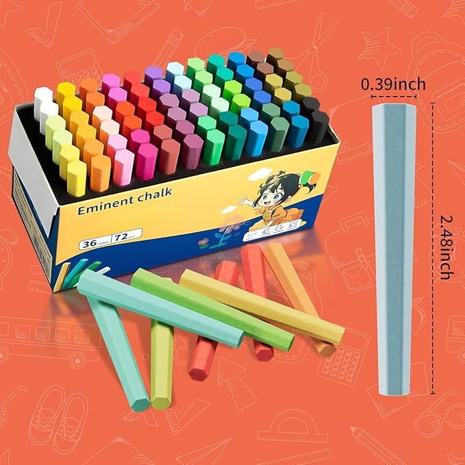 72PCS Washable Sidewalk Chalks Set, 36 Colors Non-Toxic Chalk Paint Bulk for Kids, Oversized Colored Chalk for Painting on Chalkboard, Chalk Pavement and Outdoor Art Play