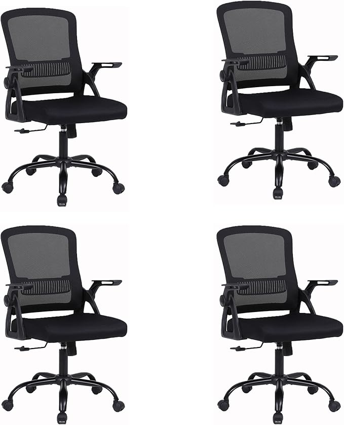 Office Chair, Ergonomic Desk Chair with Lumbar Support, Breathable Mesh Chair with Flip-up Armrests and Mid Back, Comfy Task Computer Height Adjustable Swivel Chair (4, Black)