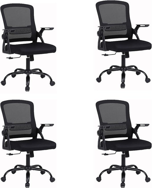 Office Chair, Ergonomic Desk Chair with Lumbar Support, Breathable Mesh Chair with Flip-up Armrests and Mid Back, Comfy Task Computer Height Adjustable Swivel Chair (4, Black)