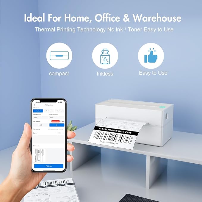 Bluetooth Thermal Shipping Label Printer: 4x6 Wireless Label Maker with Tape for Small Business - Compatible with iPhone, Android, Windows & Mac, Widely Used for USPS UPS Ebay Amazon Shopify, White