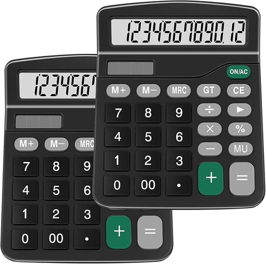 Calculators, Splaks 2 Pack Standard Functional Desktop Calculators Sola and AA Battery Dual Power Electronic Basic Calculator with 12-Digit Large Display for Office, Home, School (2 Black)