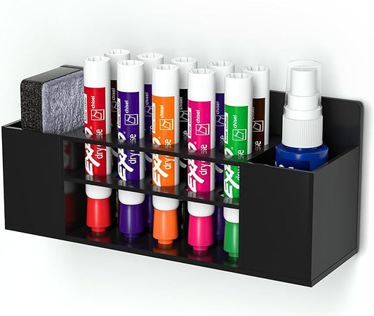 Magnetic Dry Erase Marker Holder Wall Mount, Acrylic 10 Slots Whiteboard Marker Holder for School, Office and Home, Eraser, Marker and Whiteboard Cleaner Not Included, Black