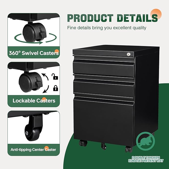 Letaya 3 Drawer Mobile File Cabinet with Lock,Under Desk Metal Filing Cabinets for Home Office Organizer Letters/Legal/A4((Fully Assembled-Black)