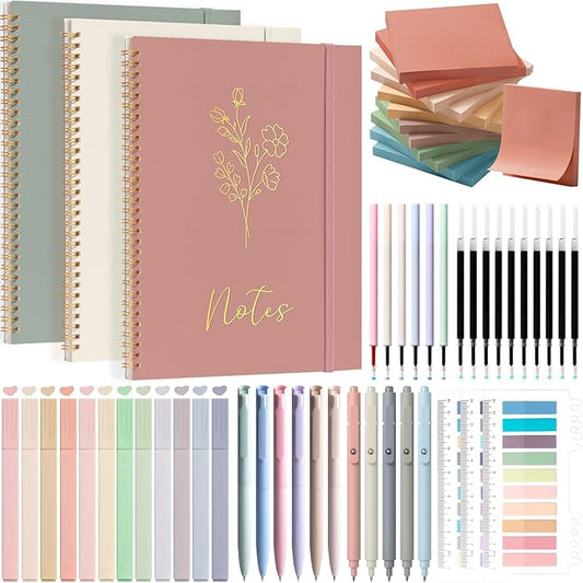 58PCS Aesthetic School Supplies, Cute College Ruled A4 Spiral Notebook Stationary Set Back to School Supplies Bible Study Kit Office College Essentials with Pastel Highlighters for Women Student Girls