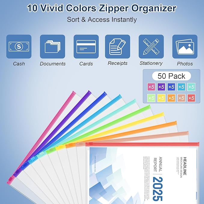 Antner 50PCS Letter Size Binder Pockets for 3 Ring Binder, 10 Assorted Colors Zipper Pouches Waterproof PVC Document Organizer File Folders 3-Hole Loose Leaf Insert Bags Page Sleeves Sheet Protectors
