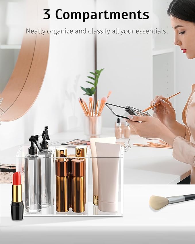 Uniclife Clear Acrylic Pen Holder for Desk, Plastic Pencil Holder Pen Organizer with 3 Compartments, Desktop Stationery Organizer for Office Home School, Vertical Makeup Brush Holder, 6.8" x 3" x 4"