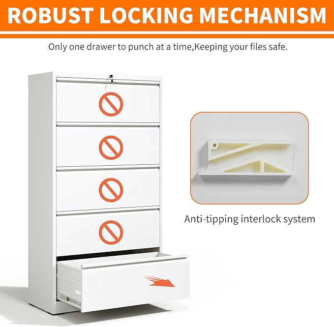 Locking Filing Cabinet with 5 Drawer Heavy Duty Large Metal File Cabinet Home Office Lateral File Cabinets Wide Steel Cabinet for Legal/Letter Size File,Assembly Required