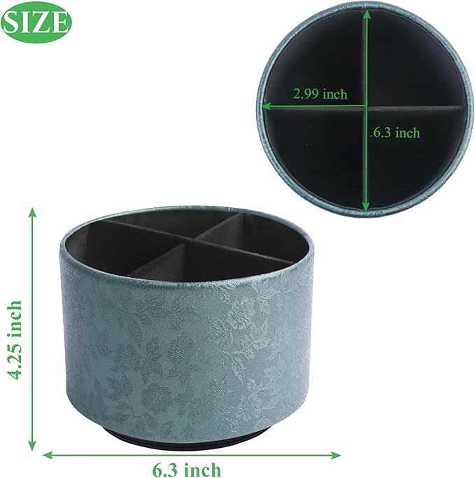 lizimandu Round Leather Art Supply Organizer,Remote Control Holder,360 Degree Spinning,Multi-Functional Pencil Holder,4 Compartments Desktop Stationary Organizer(1-Liuli Green)