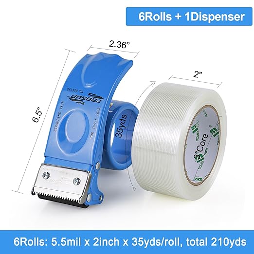 BOMEI PACK Strapping Tape 2Inch, Fiberglass Reinforced Heavy Duty Packing Tape with Dispenser with String for Moving and Shipping, 6Rolls x 5.5Mil x 35Yds, Total 210Yds