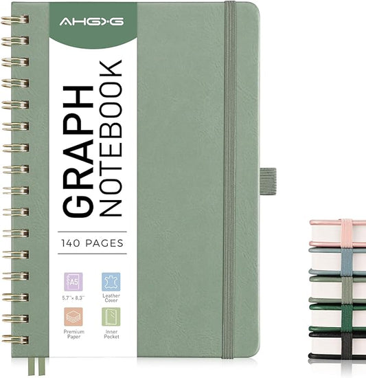 AHGXG Graph Paper Notebook - Spiral Notebook Hardcover Leather Journal 140 Pages, A5 Grid Paper Notebook 5.7" x 8.3", 100 gsm Thick Paper, for School Writing Graphing Engineering, Sage Green