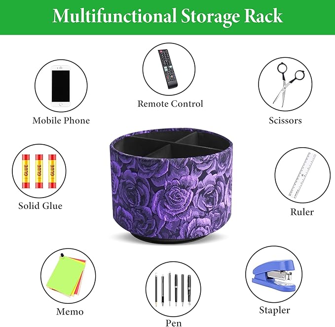 QIELIZI Round Leather Art Supply Organizer,Remote Control Holder,360 Degree Rotating,Multi-Functional Pencil Holder,4 Compartments Desktop Stationary Organizer(1-3D Rose Purple)