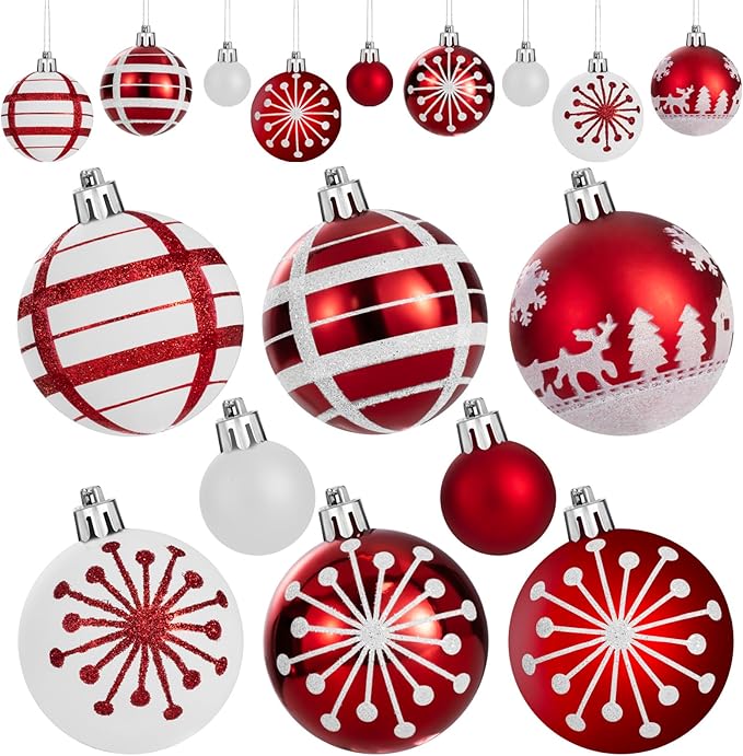 44PCS Christmas Ball Ornaments Set Xmas Tree Decoration Balls 2025 Shatterproof Hanging Colored for Party Wedding Home Party Outdoor Indoor Red & White