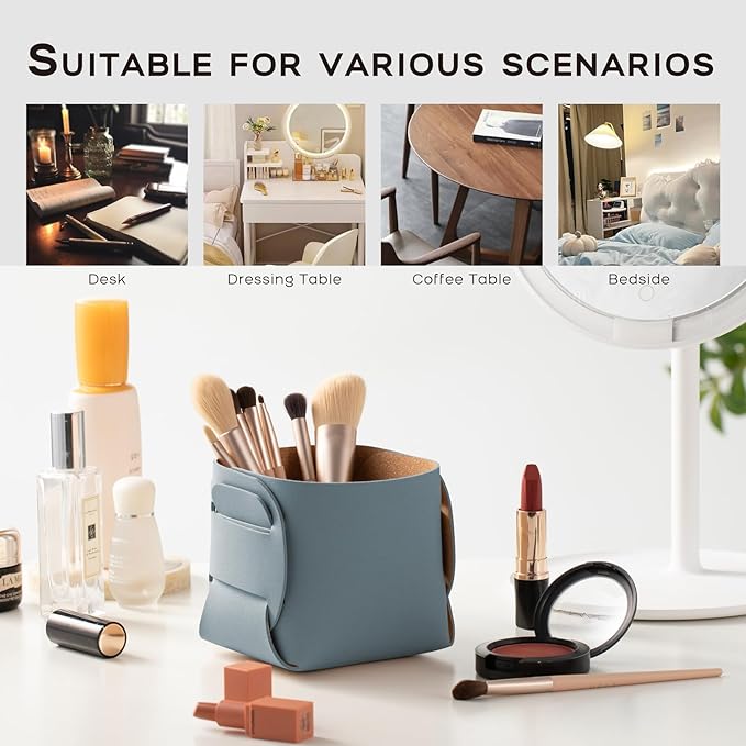 HOMIEAZICOZI 2-Pack Cork Leather Desk Accessories Storage - Pencil Pen Holder - Makeup Brush Holder Organizer - Stylish Addition to Home Decor (Light Blue)