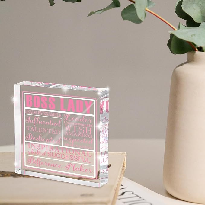 Boss Lady Gift For Women, Pink Acrylic Decorative Plaque Sign, Inspirational Quotes Office Gift For Leaders, Pink Acrylic Boss Lady Office Decoration, Birthday Thank You Souvenir 4x4 inches