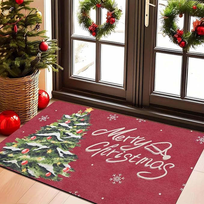 Christmas Doormat Christmas Tree Snowflakes Welcome Mat Farmhouse Floor Mats Outdoor Front Door Mat Front Porch Rugs for Thanksgiving Christmas Indoor Outdoors Decorative, 16" x 24" Inch