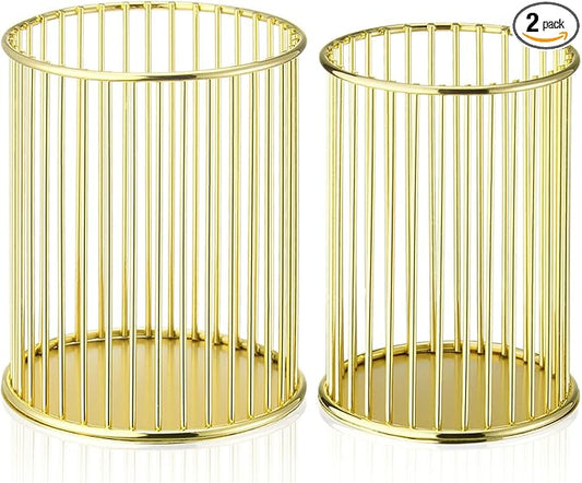 2 Pack Metal Pen Holder for Desk, Makeup Brushes Cup Holder, Pencil Holders, Pen cup, Home and Office Organizer, Gold