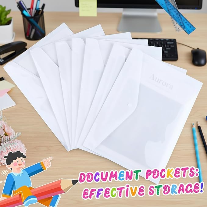 100 Pcs Clear Envelopes with Snap Button Closure Bulk A4 Letter Size Clear Plastic Envelope Folder Document Organizer File Folders for Office Home (Milky)