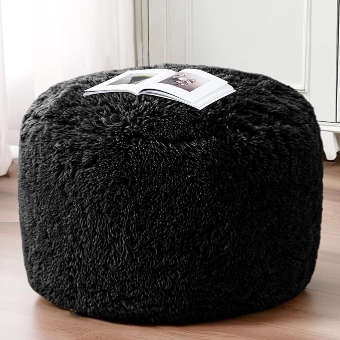HIGOGOGO Round Stuffed Pouf Ottoman, Long Faux Fur Poufs with Foam Chunk Filling, Fluffy and Furry Pouf Foot Stool Storage Ottoman, 26 X 18 Floor Poufs Foot Rest for Living Room, Black