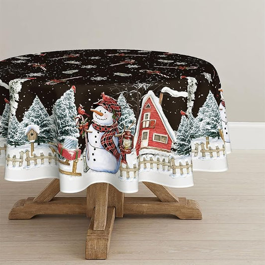 Horaldaily Christmas Tablecloth 60×60 Inch Round, Winter Snowman House Christmas Trees Black Washable Table Cover for Party Picnic Dinner Decor
